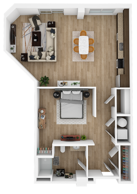 Floor plan for 1 bed, 1 bath, 951 sqft